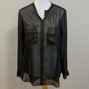 Raquel Allegra Size 2 (Medium) Sheer Black/Bronze Shimmer Button Down Blouse